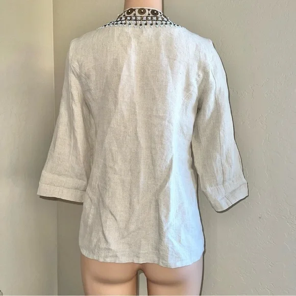 Chico's NWOT Duster Embellished Coin 3/4 Sleeve Tan Blazer Top Size 0 Small - Picture 10 of 10